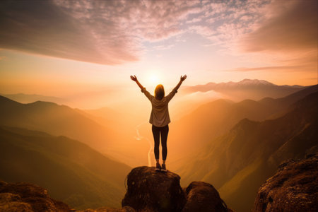 Inspiring Freedom: Embracing Life's Victories - Silhouette of a Woman Hiker on Mountain Topの素材