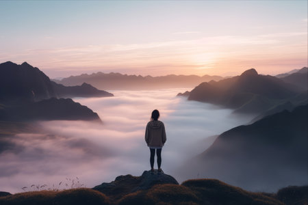 Majestic Sunrise: A Woman's Serene Journey on the Misty Mountain Topの素材