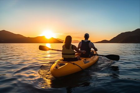 Serene Sunset kayaking: Adventurous Couple Explores Seaside Paradise on Inflatable Kayak!の素材