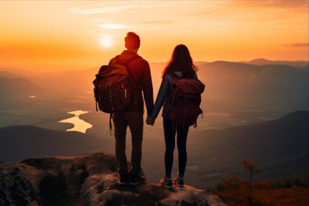 Capturing Love and Adventure: A Happy Couple's Sunset Escape atop a Mountain during a Summer Hikeの素材