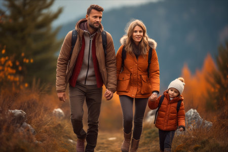Blissful Autumn Adventure: A Happy Family Hiking Together in the Mountainsの素材
