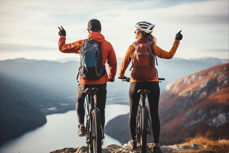 Embracing Joy and Vitality in the Majestic Mountains: Fitness, Cycling, and Bonding for Young Couplesの素材