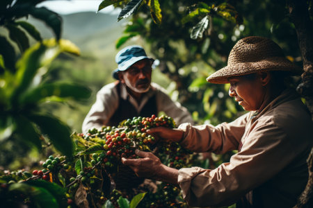 Bountiful Harvest: Joyful Farmers Gather Rich Arabica Coffee Beans on the Treeの素材