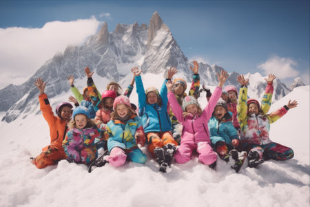 Colorful Cascade: A Breathtaking View of Skiing Children Embracing the Mountain Topsの素材