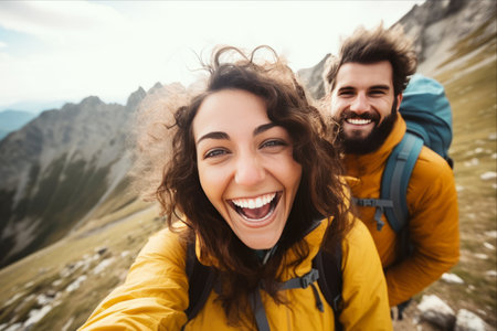 Peak Pleasure: Adventurous Friends Capture Stunning Summit Selfie - Embracing Thrilling Heights and Summer Freedomの素材
