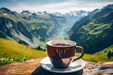 Cup of Warmth: A Closeup Trekking Journey in the Scenic Swiss Mountainsの素材