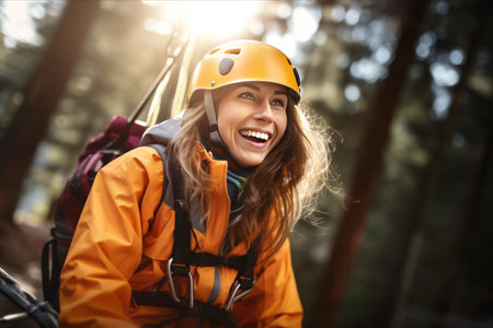 Thrill-Seeking Adventures in the Forest: A Young Female Tourist's Zipline Escapadeの素材