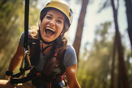 Thrilling Forest Zipline Adventure: A Joyful Young Woman Embraces the Excitement and Beauty of Natureの素材