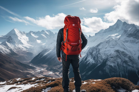 The Adventurous Gaze: A Man's Encounter with the Majestic Snowy Swiss Alpsの素材