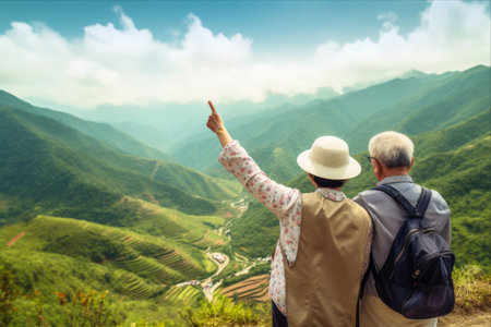 Love, Leisure, and Adventure: Asian Elderly Couple Embrace Nature's Majesty in Summer Retirement Travelの素材