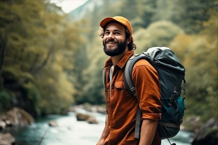 Exploring the Uncharted: A Vibrant Journey with a Adventurous Male Hiker through Forests and Riversの素材