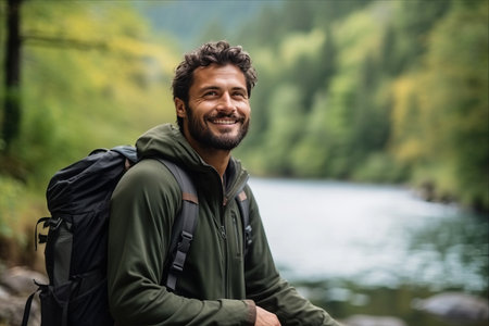 River-side Exploration: Embracing Adventure and Discovery with a Joyful Male Hikerの素材