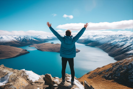 Triumph in Throes of Nature: An Asian Traveler's Resplendent Victory at Roy's Peak Lake, Wanaka, New Zealandの素材