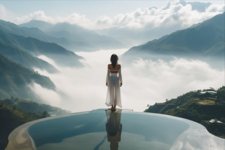 Majestic Serenity: Captivating Asian Woman Experiences the Breathtaking Beauty of Sapa, Vietnam's Infinity Poolの素材