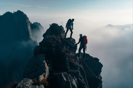 Scaling New Heights: Two Adventurous Climbers Ascend the Mountainの素材
