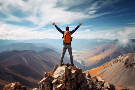 Triumph at the Summit: Joyful Hiker Conquering the Mountainの素材