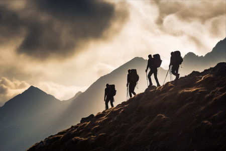 Ascending Peaks: Captivating Silhouettes of Four Hikers Conquering Mountainous Terrain Against a Majestic Cloudy Skyの素材