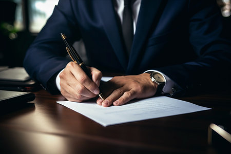 Powerful Manager in Business Suit: Authorizing Crucial Documents at Office Deskの素材