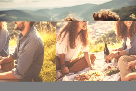 Summertime Delight: Blissful Friends Enjoying a Mountain Top Picnicの素材
