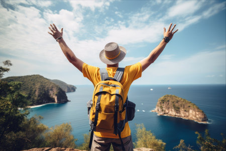 Unleashing Happiness and Wellness: A Joyful Backpacker Soaking in the Freedom of Travel - Embracing Wellbeing, Journey, and Tourismの素材