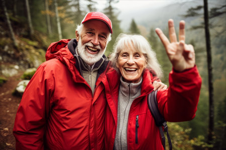 Embracing love and freedom: A heartwarming adventure of a happy senior couple on a mountain hikeの素材