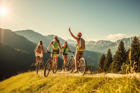 Triumphant Trio: Friends Embrace Achievement after Thrilling Cross Country Bike Adventure in Scenic Slovenian Mountainsの素材