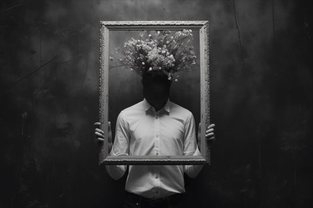 Capturing Serenity: A Monochromatic Portrait of a Youthful Man Embracing Nature's Beautyの素材