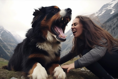 Biting Play: A Bernese Mountain Dog Engages in a Spirited Encounter with a Womanの素材