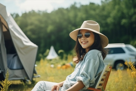Escaping into Serene Summer Bliss: Asian Women Embrace Nature's Tranquility on a Relaxing Road Tripの素材