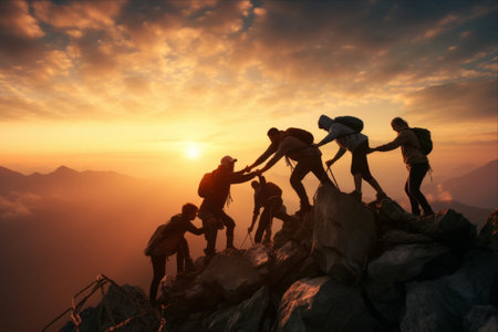 Ascending Together: The Power of Teamwork in Conquering a Mountain at Sunriseの素材
