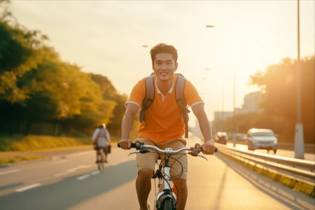 Embracing Wellness: Asian Men's Morning Cycling Journey on Road Bikes (3:2 Aspect Ratio)の素材