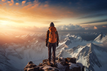 Triumph at Sunset: A Female Hiker Conquers the Italian Western Alps, Gazing upon Majestic Panoramic Views with M. Viso Peak in the Backgroundの素材