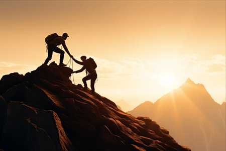 Reaching Higher Peaks Together: Silhouette People Help Hiker Conquer Rocky Mountainsの素材