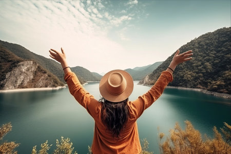 Embracing the Joy of Travel: A Happy Woman Conquers the Majestic Mountains and Serene Lakes, Celebrating a Life of Adventure, Summertime Bliss, and Travel Lifestyleの素材