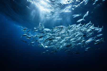 Embracing the Enchanting Dance: Schooling Pelagic Fish in Crystalline Blue Ocean Depths - AR 3:2の素材