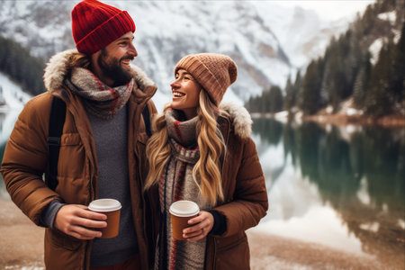 Lakeside Love: A Romantic Alpine Getaway in Braies, Italy - Couple Embraces Winter Charm with Hot Coffeeの素材