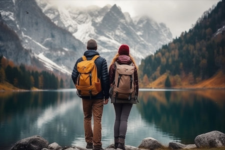 Mountain-Adventurers: Backpacking Couple Explores Scenic Lakes in the Majestic Mountainsの素材