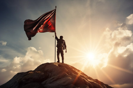 Conquering the Heights: A Journey of Success, Leadership, and Achievement- Silhouette of a Young Man with Flag, Embracing the Sunlit Skyline on a Mountain Summitの素材
