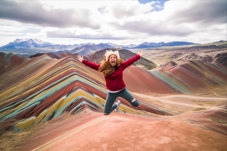 Vibrant Adventures: A Young Red Haired Girl Joyfully Leaps in Front of Peru's Magnificent Vinicunca Rainbow Mountainの素材