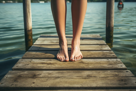 Lake Serenity: Captivating Close-Up of a Woman's Legs and Feet Gracefully Resting on a Pierの素材