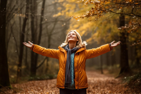 Embracing Nature's Renewal: Middle Age Woman Awakens Her Spirit with Arm Stretches in Autumn Forestの素材