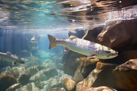 Unveiling the Splendor: Exploring the Rainbow Trout, Oncorhynchus mykiss, in Eastern Sierra Nevada Mountains Fish Hatchery Racewaysの素材