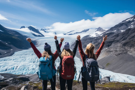 Embracing Nature's Majesty: Three Joyful Female Hikers Admire Glacial Splendor in the Mountainsの素材