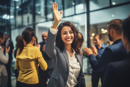 Capturing the Moment: Excitement and Camaraderie at a Celebratory Business Event in a Modern Officeの素材