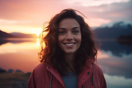 Lakeside Serenity: A Captivating Portrait of Youthful Beauty Amidst Enchanting Sunset Sceneryの素材
