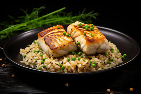 Fusion Delights: Roasted White Fish Risotto and Grilled Cod with Brown and Wild Riceの素材