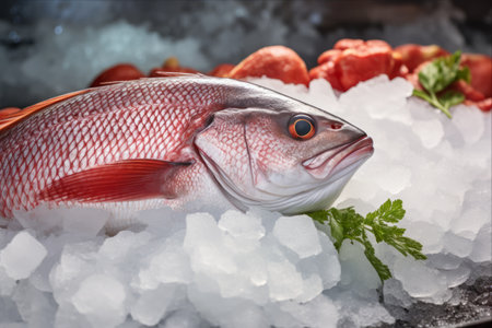 Freshly Caught Sea Bass - A Glimpse of Ocean's Bounty, Chilled on Ice at the Marketの素材