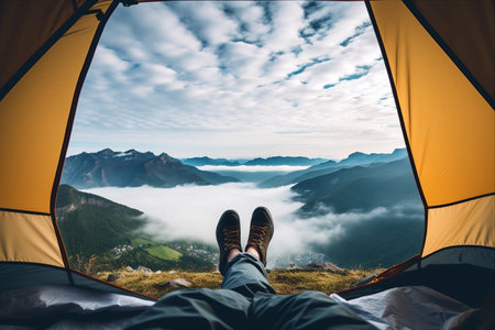 Unwinding among Spectacular Mountain Vistas: A Breath-taking Outdoor Adventure in Tent Campingの素材