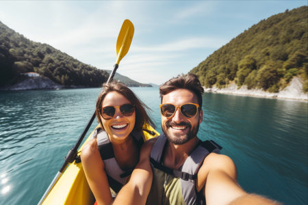 Capturing Joyful Memories: Adventurous Couple Canoeing and Kayaking Amidst Breathtaking Sceneryの素材