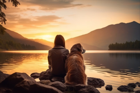 Bound by Nature's Beauty: Exploring the Mountainside with our Faithful Canine Companion at Sunsetの素材